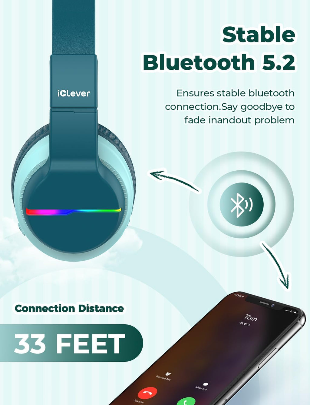 iClever BTH12 Bluetooth-Kopfhörer für Kinder mit LED-Beleuchtung, 85 Stunden Wiedergabezeit, ideal für Reisen