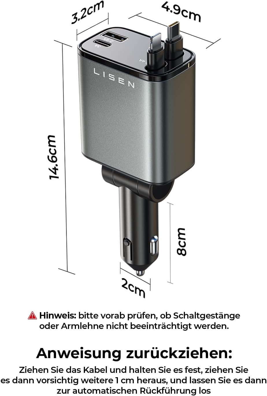 LISEN 84W Zigarettenanzünder USB C Einziehbares Auto Ladegerät Adapter