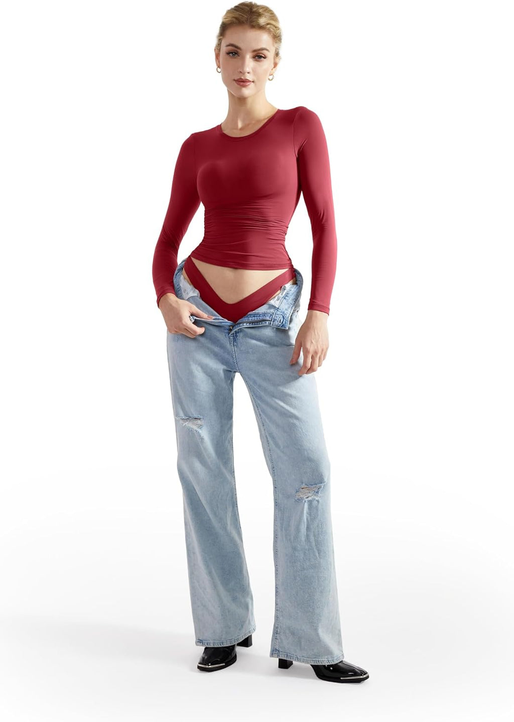 SUUKSESS Women Double Lined Fitted Basic T Shirts Crew Neck Long Sleeve Crop Top