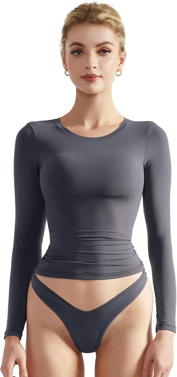SUUKSESS Women Double Lined Fitted Basic T Shirts Crew Neck Long Sleeve Crop Top