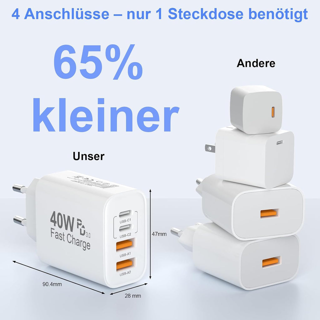 2er Pack USB C Ladegerät, 4 Ports 40W Mehrfach Schnellladegerät Netzteil Power Adapter Für iPhone 18/17/16/15/14/Für iPhone 13/12/11 Pro/Max/Plus/XR/XS/iPad/Samsung Handy, USB C & USB A PD 3.0 Charger