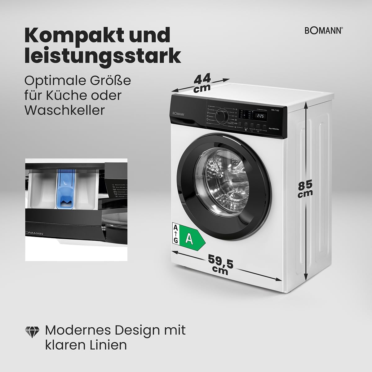 Bomann® Waschmaschine 6kg | 5 Jahre Motor-Garantie | Invertermotor - effizient, leise & langlebig | max. 1000 U/min | 12 Programme | Endzeitvorwahl | LED-Display | Washing Machine | WA 7162 weiß