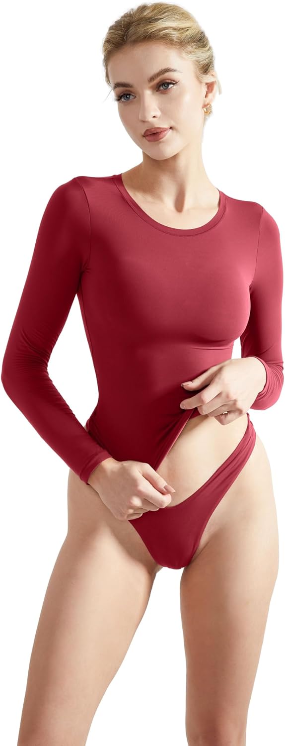 SUUKSESS Women Double Lined Fitted Basic T Shirts Crew Neck Long Sleeve Crop Top