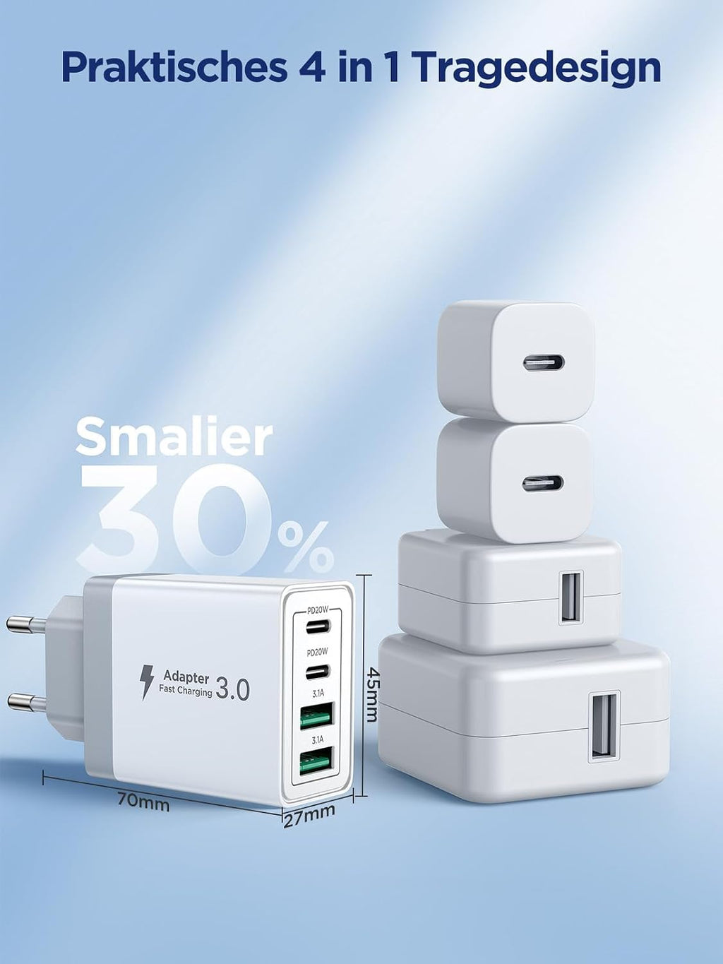 USB C Ladegerät, 40W 4-Port USB ladegerät Mehrfach Schnellladegerät PD 3.0