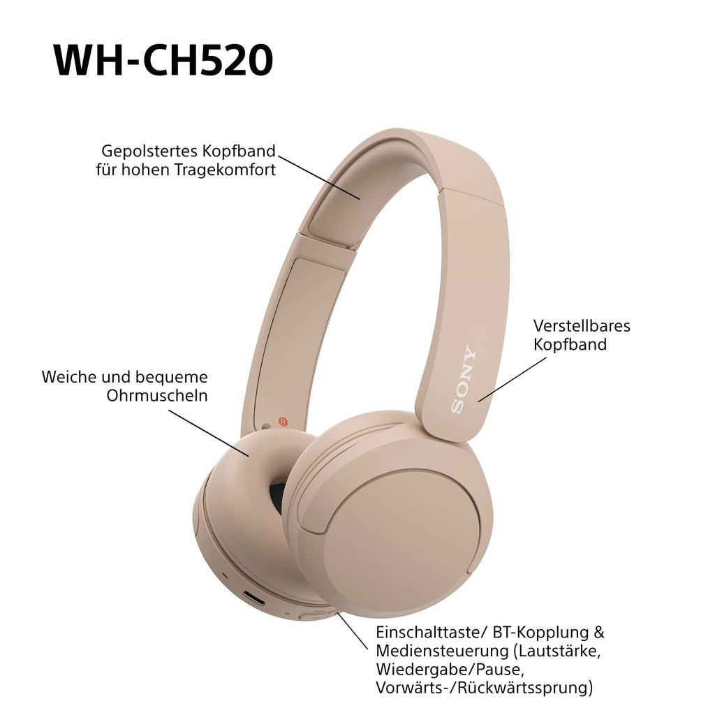 Sony WH-CH520 Kabellose Bluetooth-Kopfhörer - bis zu 50 Stunden Akkulaufzeit mit Schnellladefunktion, On-Ear-Modell - Schwarz