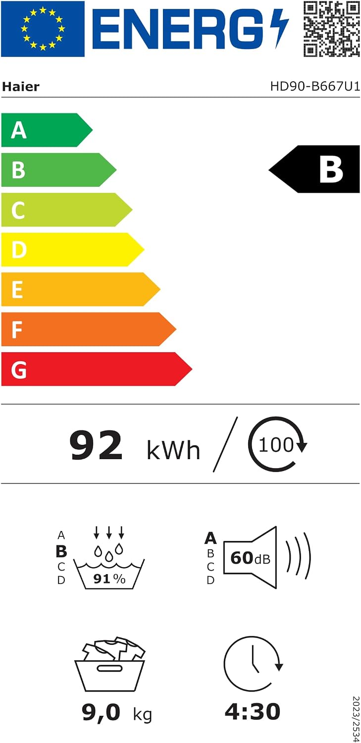 Haier Wärmepumpentrockner 9kg I G7 Serie I Klasse B I AI Power Inverter Motor, iOn Air Fresh, Pillow-Schontrommel, Automatik- & Hygiene-Programm, hOn AppI HD90-B667U1