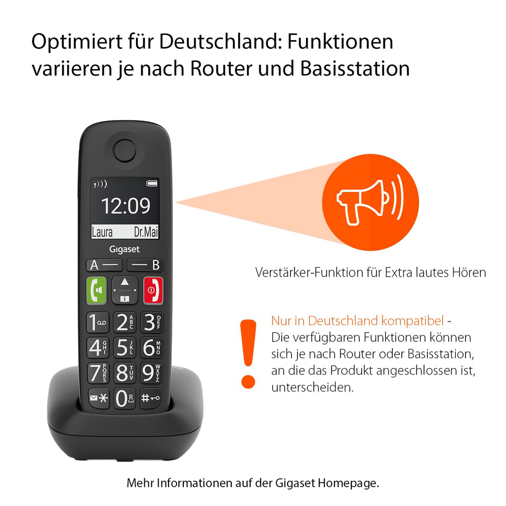Gigaset E290A Duo - 2 Schnurlose Senioren DECT-Telefone mit Anrufbeantworter - großen Tasten und Display, Zielwahltasten für wichtige Nummern, Verstärker-Funktion für extra lautes Hören, schwarz