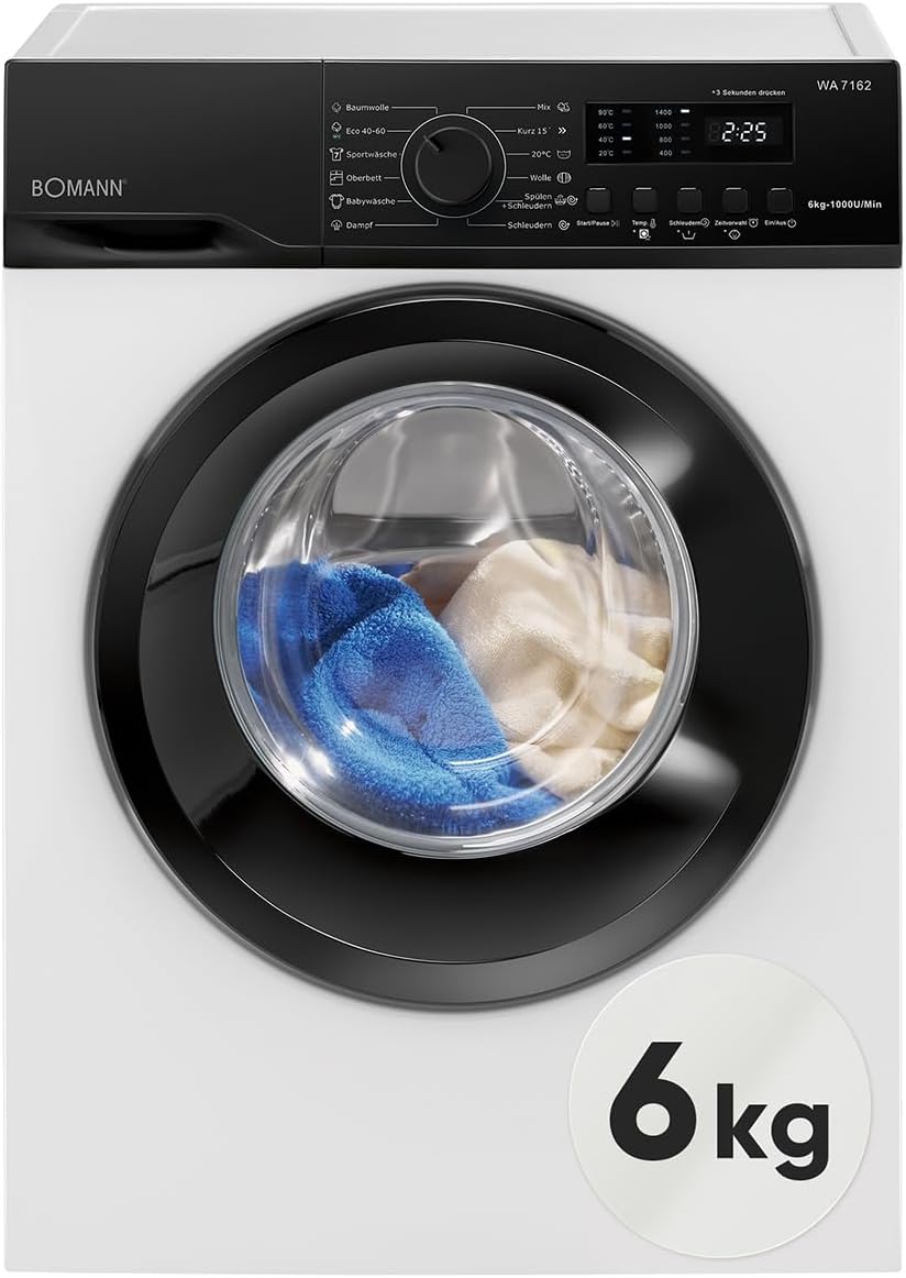 Bomann® Waschmaschine 6kg | 5 Jahre Motor-Garantie | Invertermotor - effizient, leise & langlebig | max. 1000 U/min | 12 Programme | Endzeitvorwahl | LED-Display | Washing Machine | WA 7162 weiß
