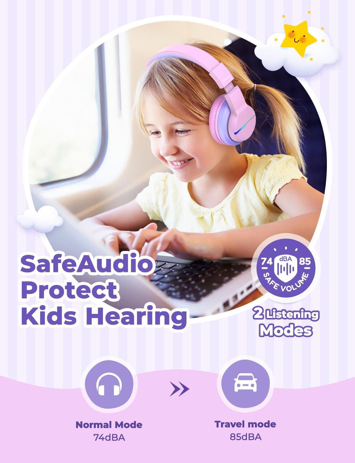 iClever BTH12 Bluetooth-Kopfhörer für Kinder mit LED-Beleuchtung, 85 Stunden Wiedergabezeit, ideal für Reisen