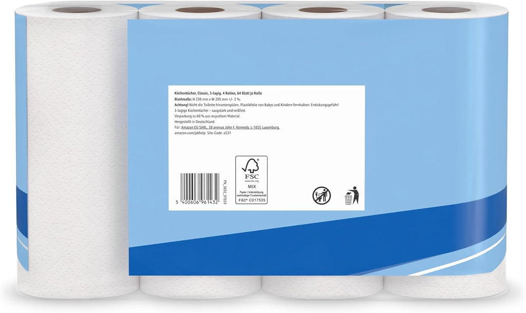 by Amazon Küchenrolle, 3-lagig, 4 Rollen (4 Rollen, 1-er Pack), 64 Blätter pro Rolle, FSC-Zertifiziert