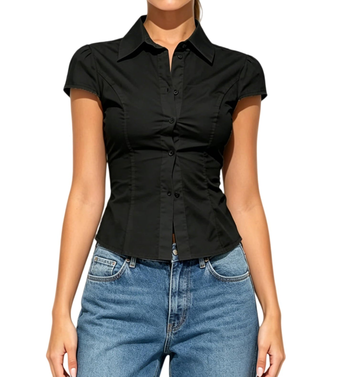 Damen Y2K Kurzarm-Bluse mit Knopfleiste, körperbetont und mit Kragen