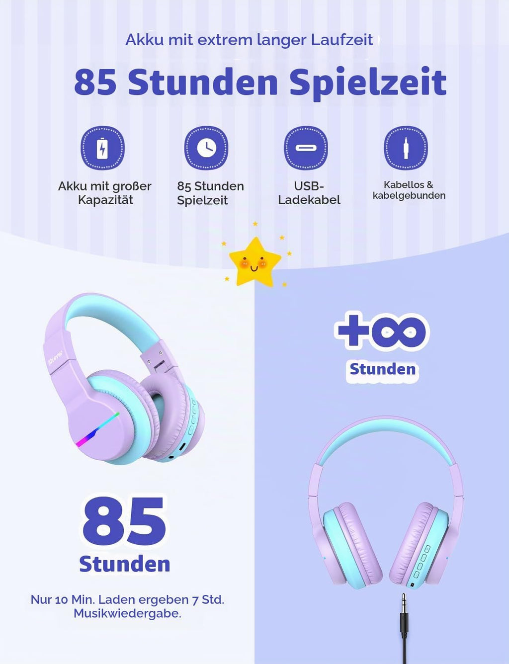 iClever BTH12 Bluetooth-Kopfhörer für Kinder mit LED-Beleuchtung, 85 Stunden Wiedergabezeit, ideal für Reisen