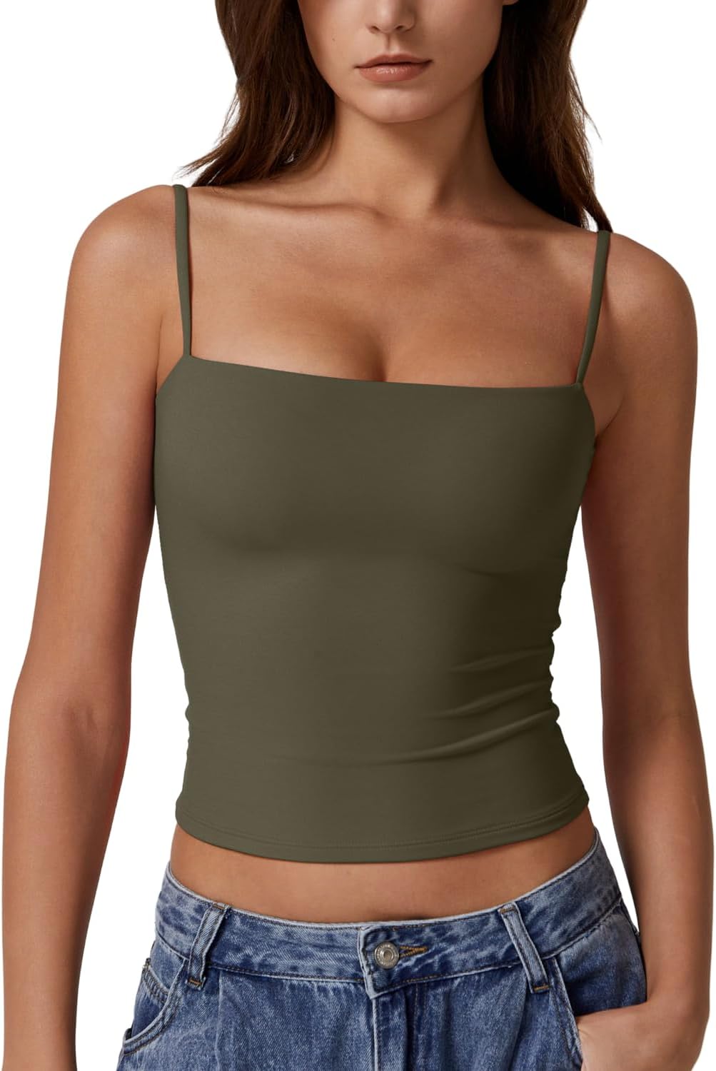 QINSEN Women's Double Lined Basic Tank Top Adjustable Spaghetti Straps Sleeveless Camisole Shirts