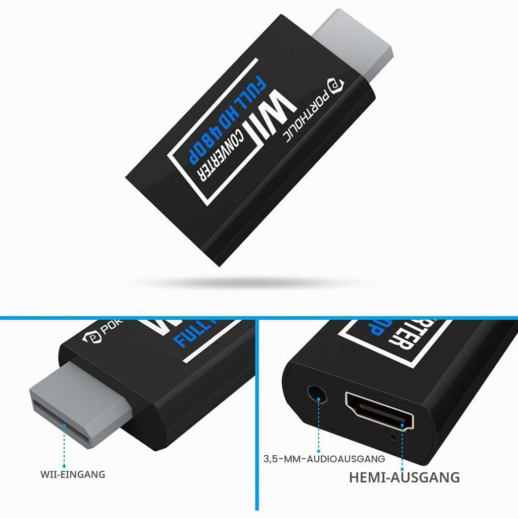 PORTHOLIC Wii Adapter Hdmi,Adapter auf HDMI Konverter mit 1080P/720P Eingang und Ausgang Video und Audio 3,5 mm + HDMI Kabel für alle Anzeigemodi (Weiß)