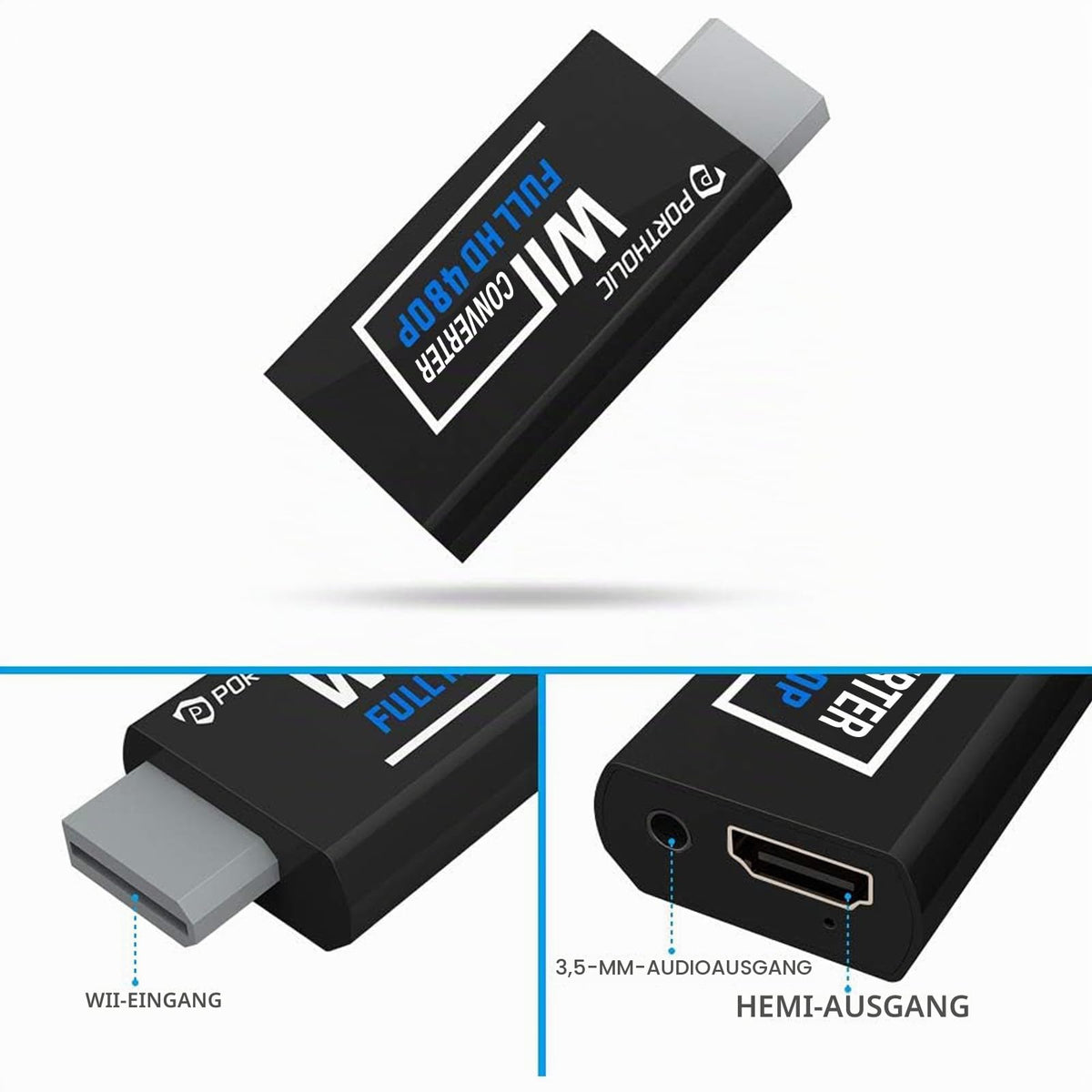 PORTHOLIC Wii Adapter Hdmi,Adapter auf HDMI Konverter mit 1080P/720P Eingang und Ausgang Video und Audio 3,5 mm + HDMI Kabel für alle Anzeigemodi (Weiß)