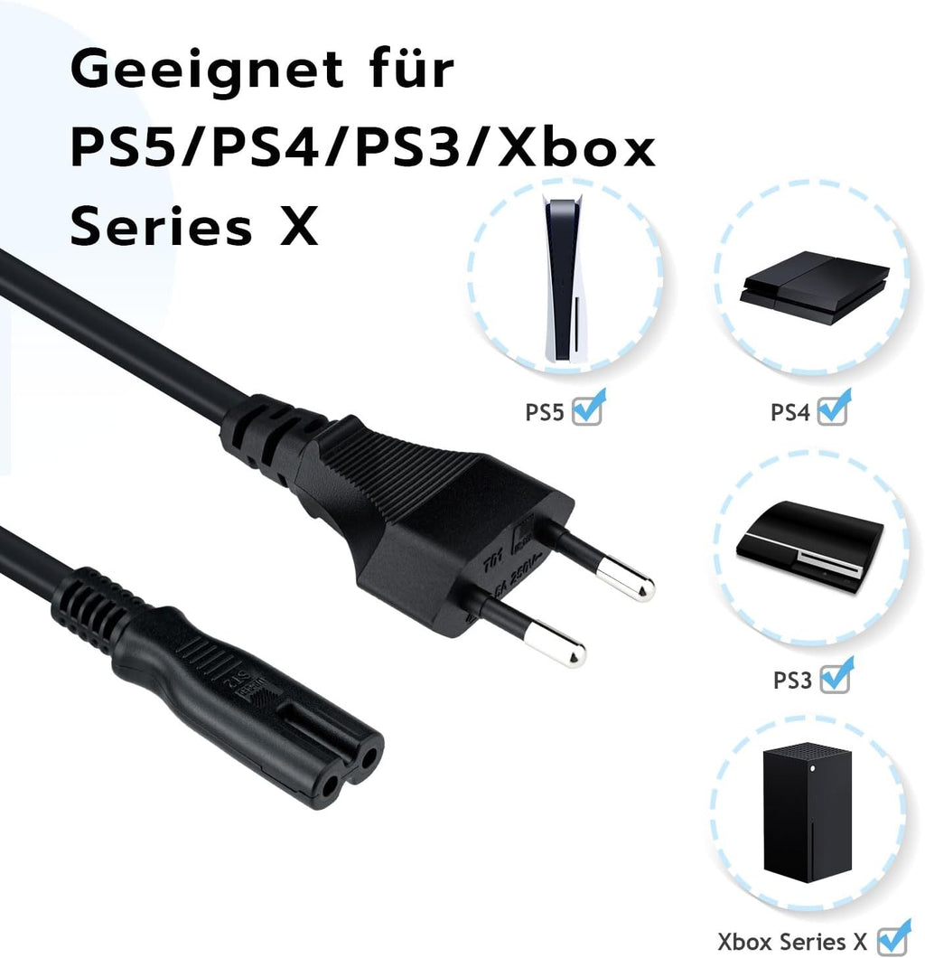 Mcbazel 1,5m Stromkabel C7 Eurostecker (Achterstecker), 2-poliges Netzkabel für PS5,PS4,PS3,PS2,PS1,Xbox, Smart-TV, Drucker, Radio & Monitor, Ersatz Kleingerätekabel, Schwarz