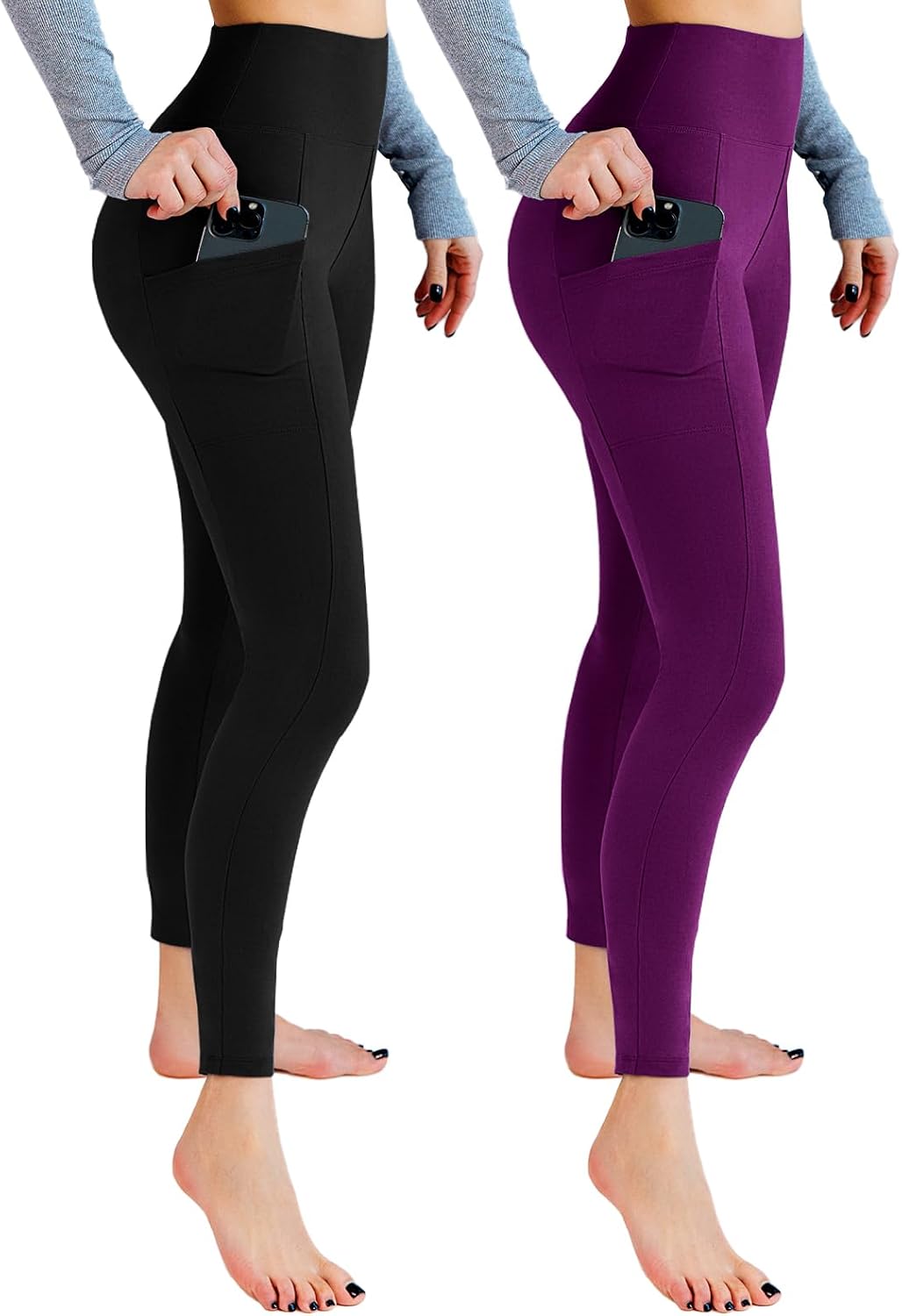 Leafigure Lot de 2 leggings de sport opaques taille haute avec poches pour entraînement, sport, yoga, course à pied