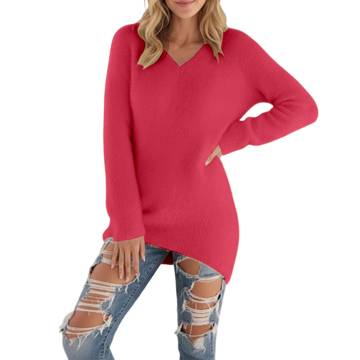 Générique Pull Femme Col V Chic Et Elegant Hiver Grande Taille Manche Longue Chaude Sexy Oversize Couleur Unie Tricot Pulls