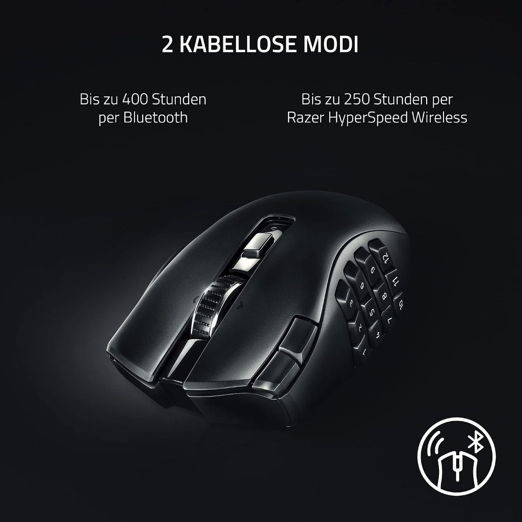 Razer Naga V2 HyperSpeed - Ergonomische Kabellose MMO Gaming Maus (19 Programmierbaren Tasten, Wireless 2,4 GHz, Bluetooth, Bis zu 250 Stunden, Focus Pro 30K Optischer Sensor) Schwarz