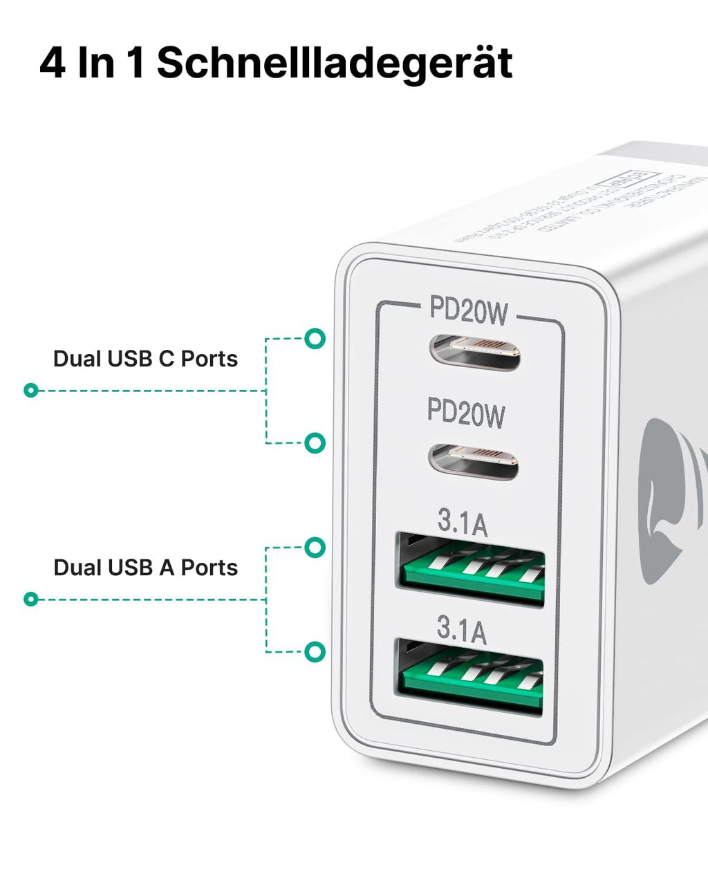 USB C Ladegerät, 40W 4-Port USB ladegerät Mehrfach Schnellladegerät PD 3.0
