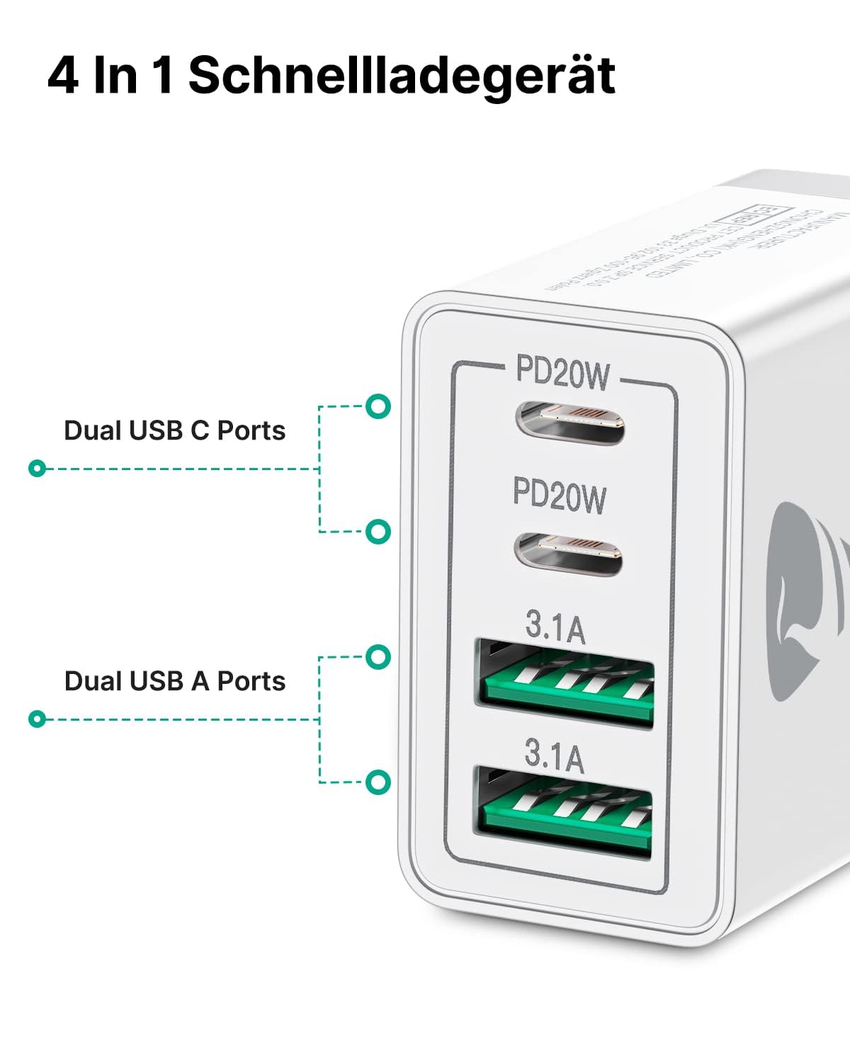USB C Ladegerät, 40W 4-Port USB ladegerät Mehrfach Schnellladegerät PD 3.0