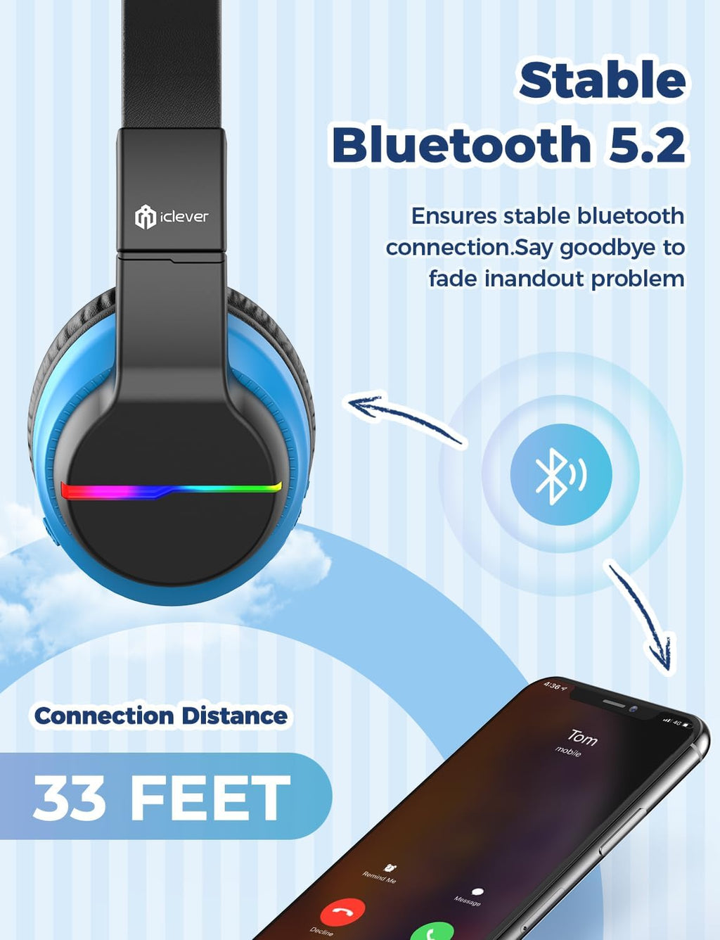 iClever BTH12 Bluetooth-Kopfhörer für Kinder mit LED-Beleuchtung, 85 Stunden Wiedergabezeit, ideal für Reisen