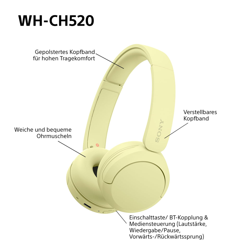 Sony WH-CH520 Kabellose Bluetooth-Kopfhörer - bis zu 50 Stunden Akkulaufzeit mit Schnellladefunktion, On-Ear-Modell - Schwarz