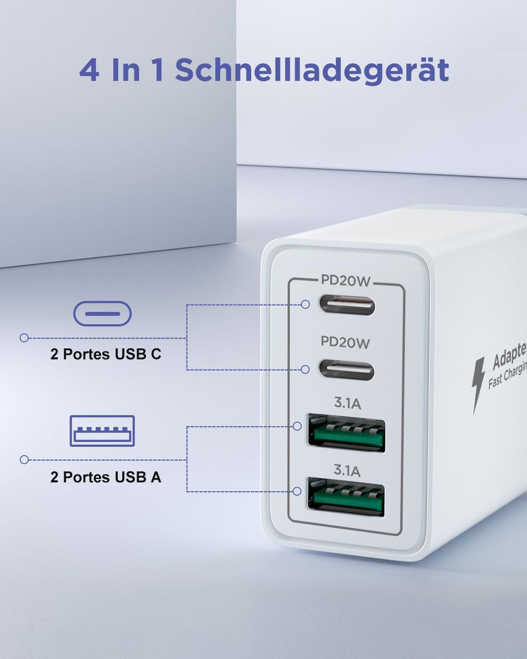 USB C Ladegerät, 40W 4-Port USB ladegerät Mehrfach Schnellladegerät PD 3.0