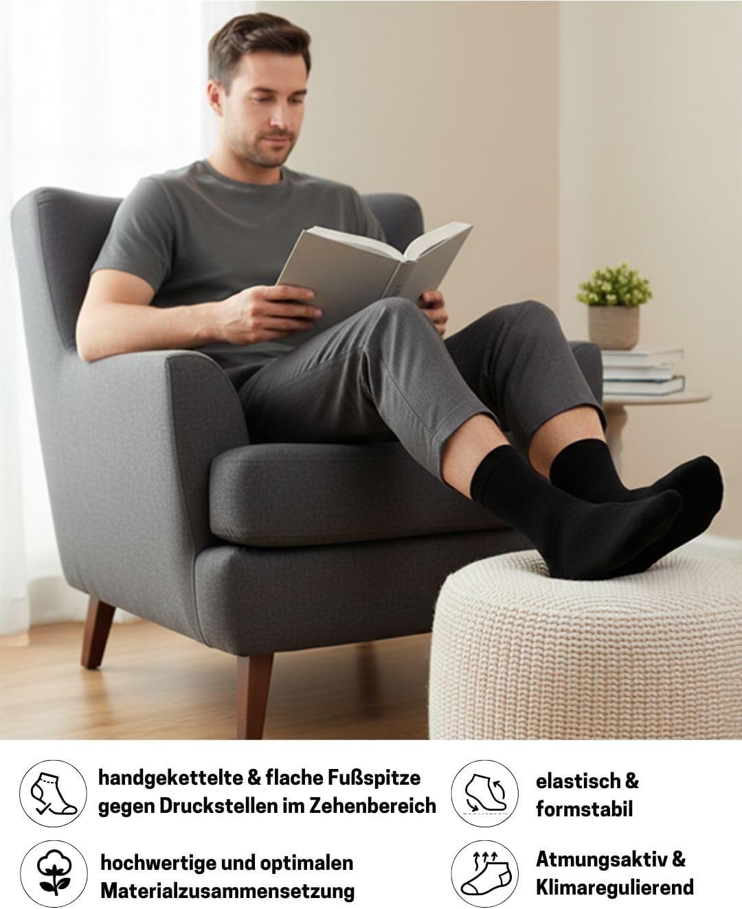 sockenkauf24 10 Paar Diabetikersocken für Herren & Damen ohne Gummibund & ohne Naht aus Baumwolle Diabetiker Socken mit Komfortbund ohne Gummi