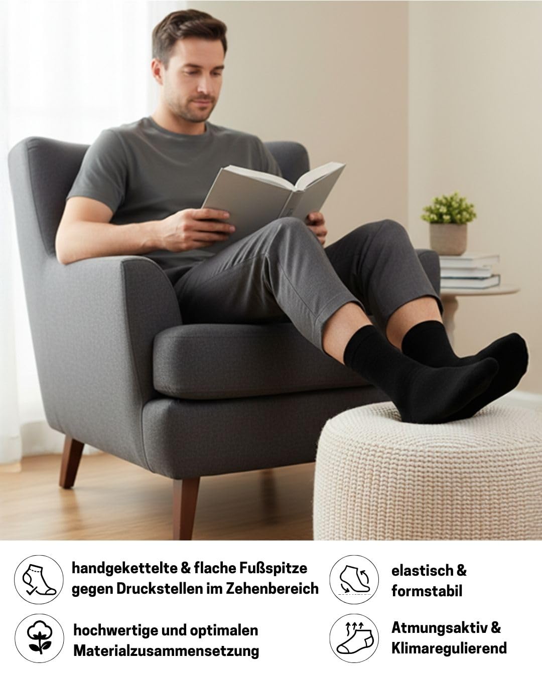 sockenkauf24 10 Paar Diabetikersocken für Herren & Damen ohne Gummibund & ohne Naht aus Baumwolle Diabetiker Socken mit Komfortbund ohne Gummi