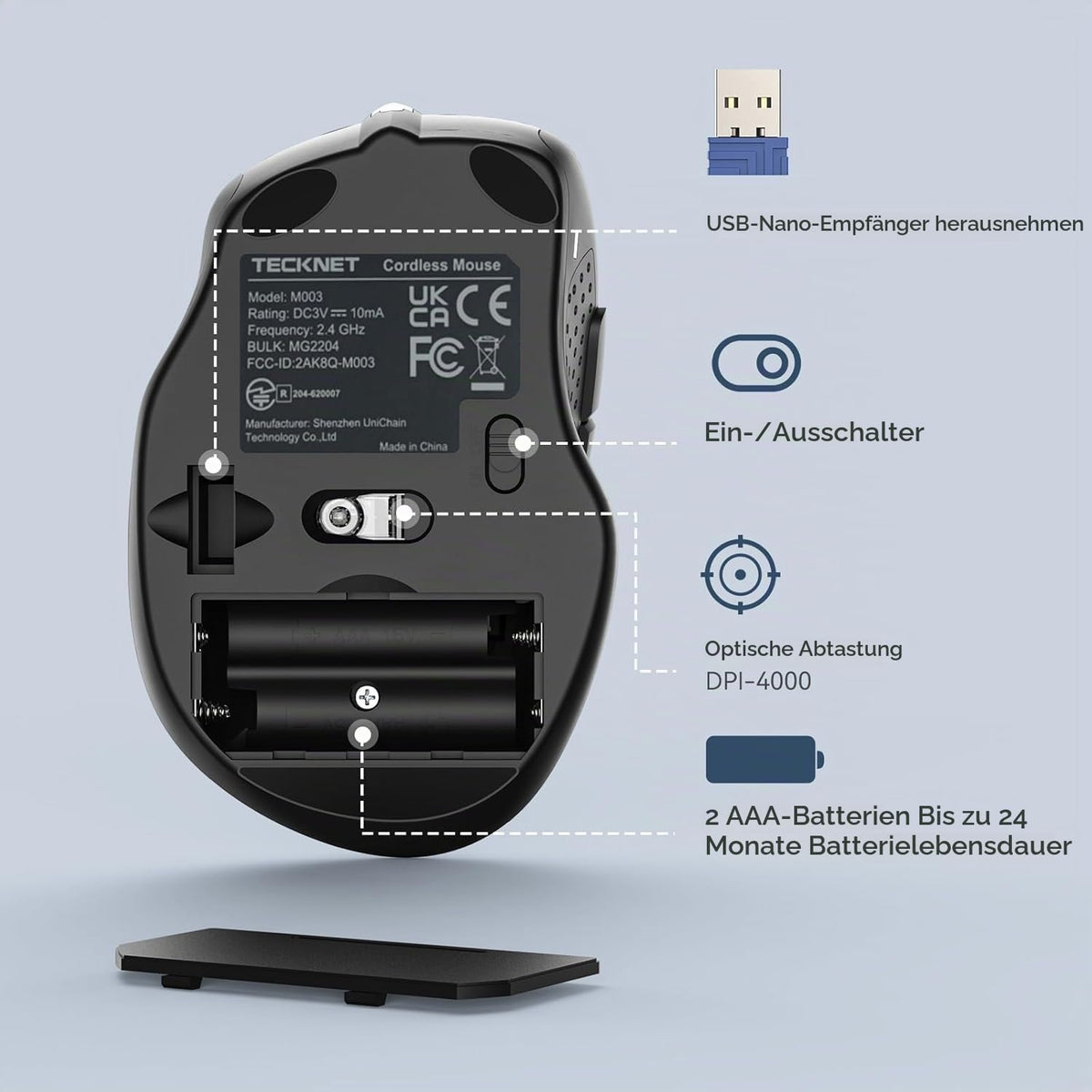 TECKNET Kabellose Maus, 2.4G Optische Funkmaus mit USB Empfänger, Grau
