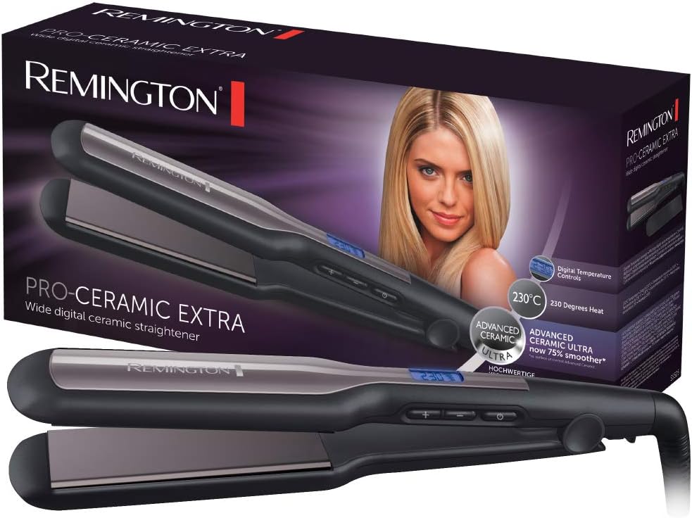 Remington Glätteisen Pro-Ceramic Extra breit (extrabreite 45-mm-Stylingplatten – speziell für dickes, krauses, lockiges und sehr langes Haar), LCD-Display, 150–230 °C, Haarglätter S5525