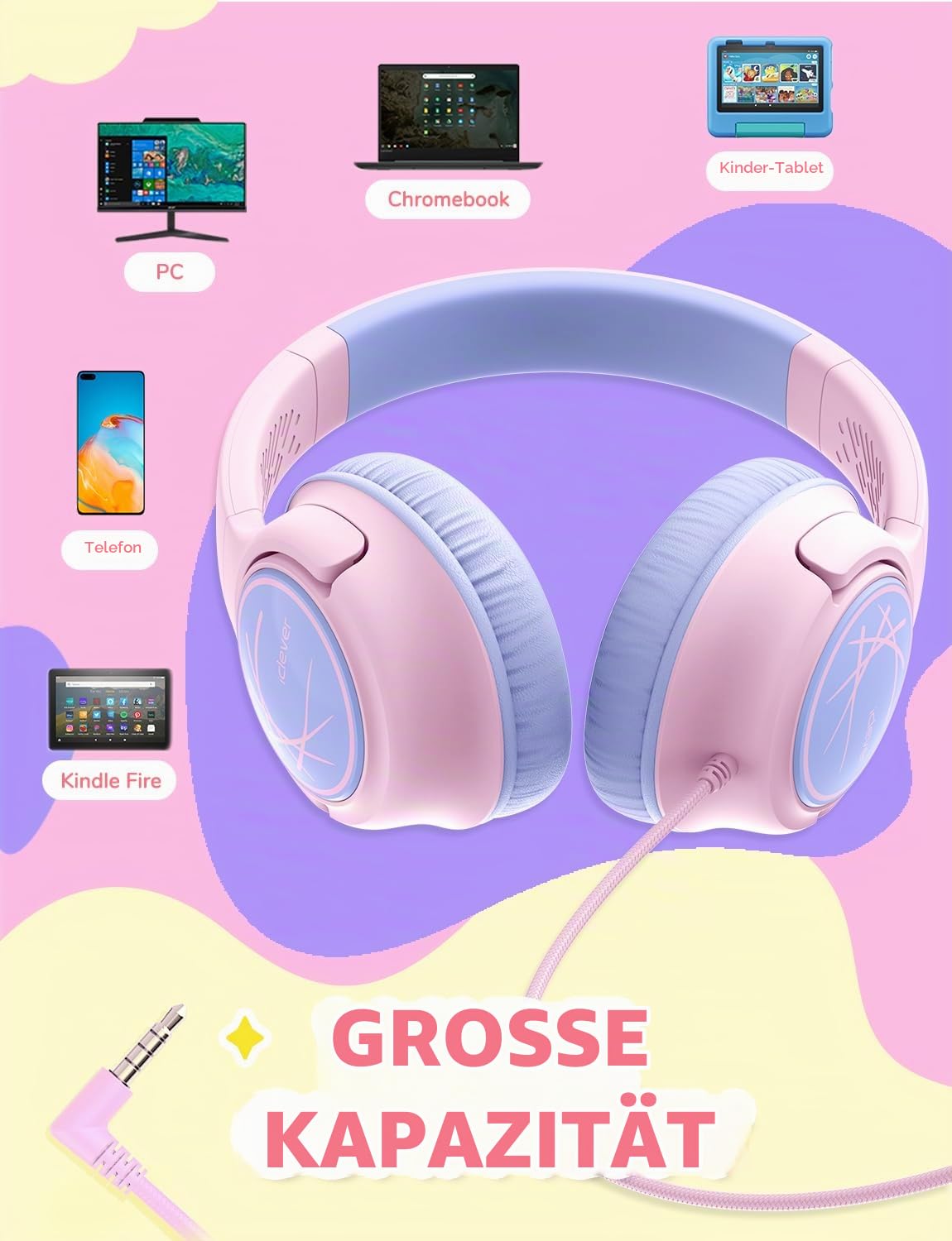 iClever HS26 Kopfhörer Kinder mit 3,5 mm Kabel für Schule/Tablet/Reisen