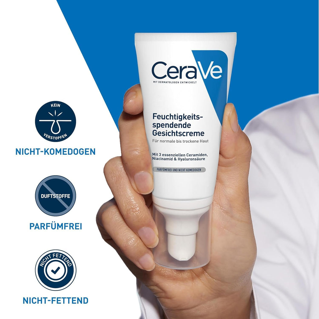 CeraVe Feuchtigkeitsspendende Gesichtscreme für normale bis trockene Haut, Ultraleichte Formel, Mit Hyaluron, Niacinamid und 3 essenziellen Ceramiden