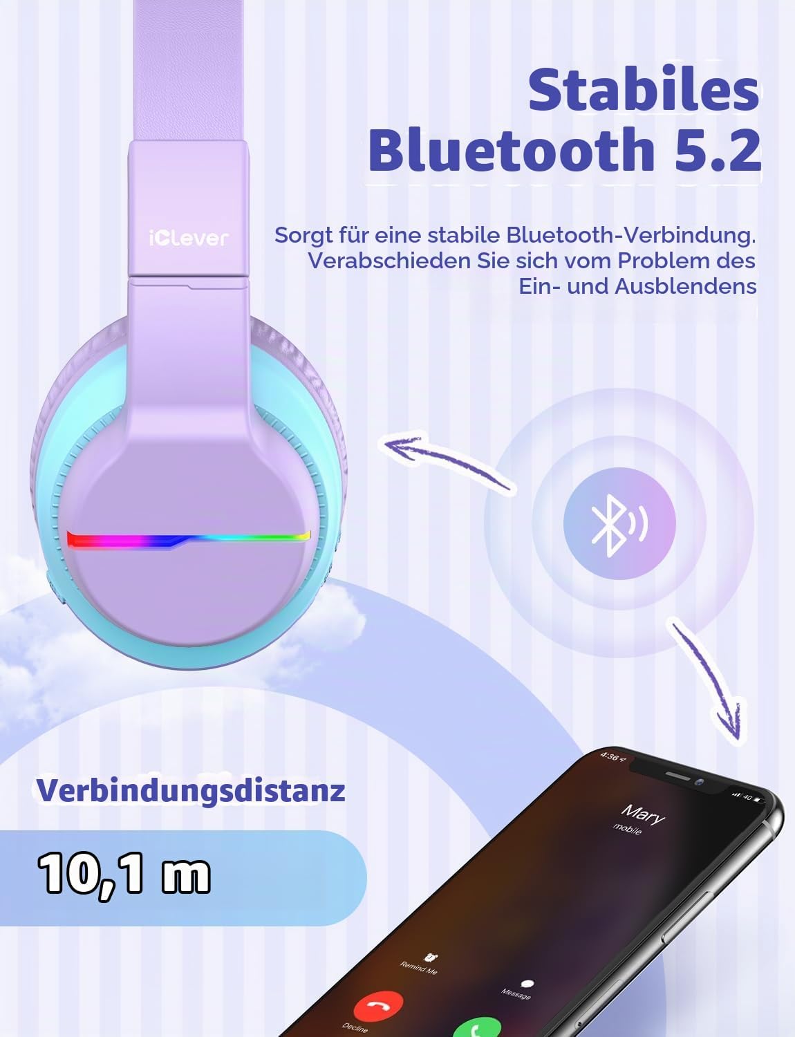 iClever BTH12 Bluetooth-Kopfhörer für Kinder mit LED-Beleuchtung, 85 Stunden Wiedergabezeit, ideal für Reisen