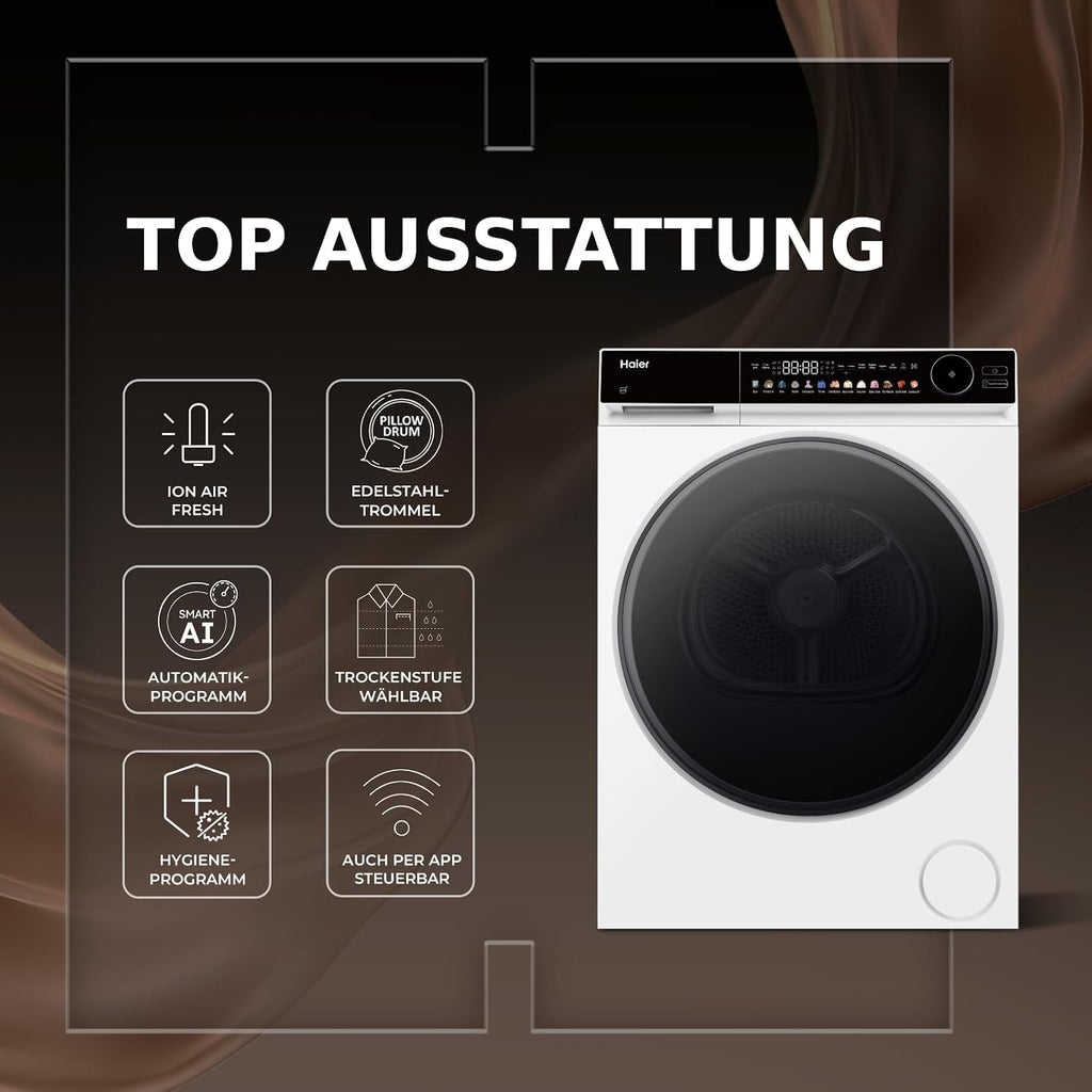Haier Wärmepumpentrockner 9kg I G7 Serie I Klasse B I AI Power Inverter Motor, iOn Air Fresh, Pillow-Schontrommel, Automatik- & Hygiene-Programm, hOn AppI HD90-B667U1