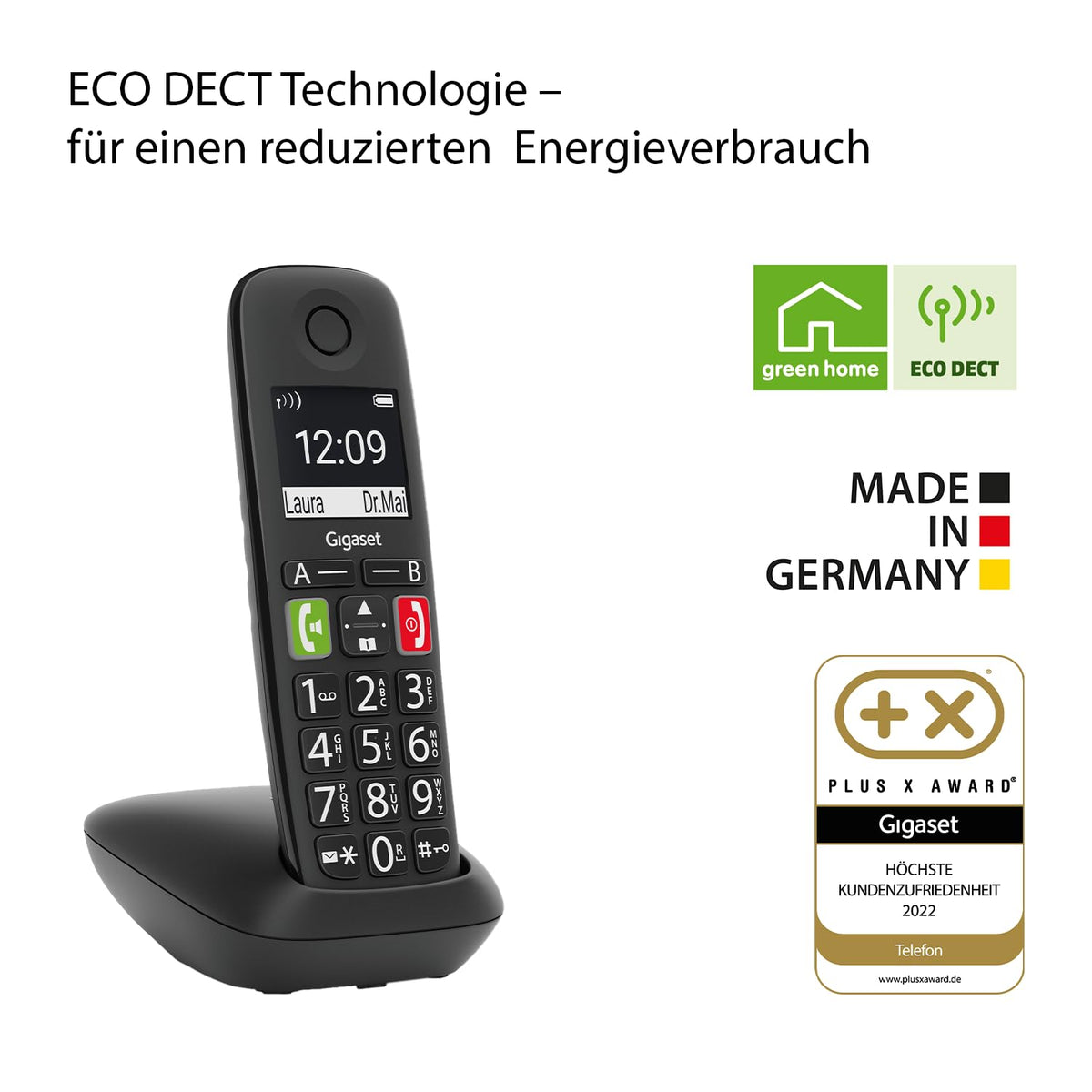Gigaset E290A Duo - 2 Schnurlose Senioren DECT-Telefone mit Anrufbeantworter - großen Tasten und Display, Zielwahltasten für wichtige Nummern, Verstärker-Funktion für extra lautes Hören, schwarz