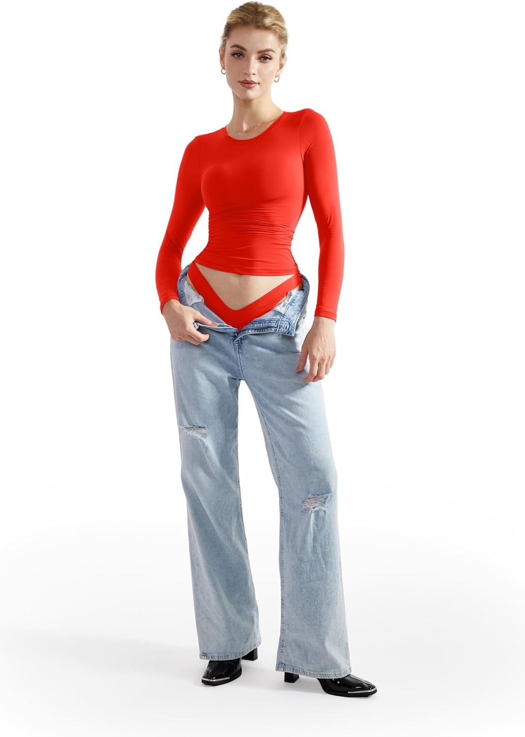 SUUKSESS Women Double Lined Fitted Basic T Shirts Crew Neck Long Sleeve Crop Top