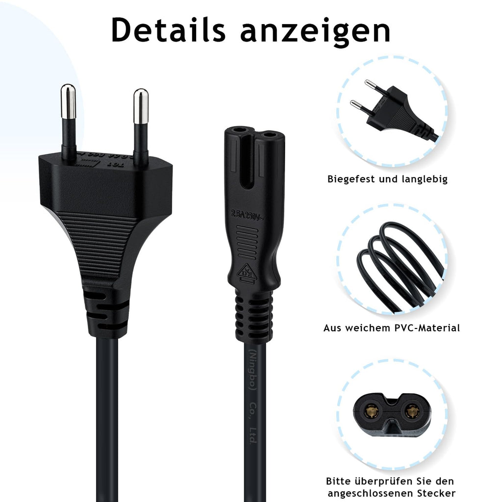 Mcbazel 1,5m Stromkabel C7 Eurostecker (Achterstecker), 2-poliges Netzkabel für PS5,PS4,PS3,PS2,PS1,Xbox, Smart-TV, Drucker, Radio & Monitor, Ersatz Kleingerätekabel, Schwarz