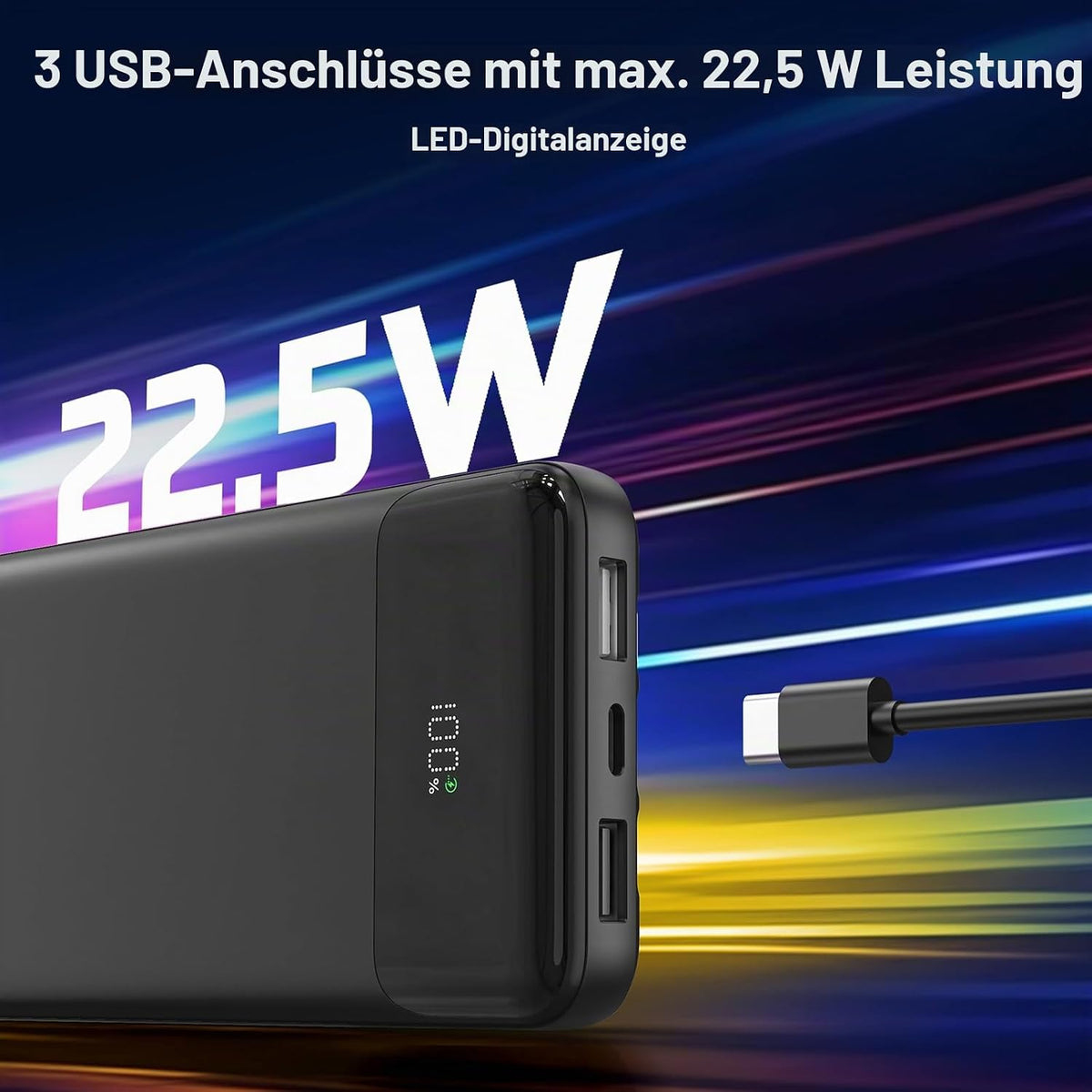 Power Bank 20000mAh, Powerbank 22,5W Schnellladung mit Integrierten 3 Kabel