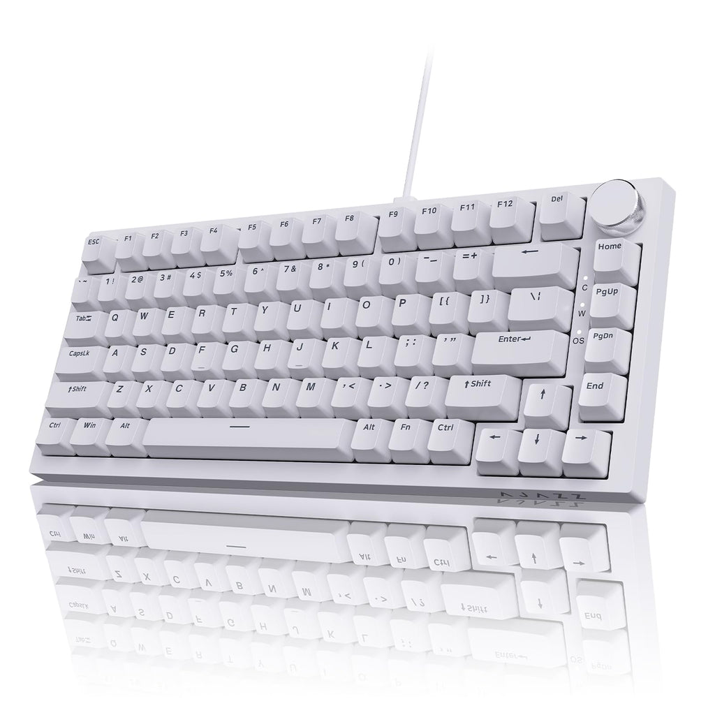 AJAZZ AK820 Mechanical Keyboard, 75% Hot Swappable Wired Keyboard with Volume Control Knob, QWERTY Layout, PBT Keycaps, Five-Layer Sound Insulation Pad, 82-Key Gaming Keyboard, Grey White