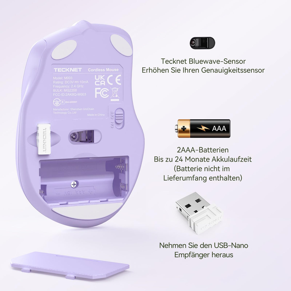 TECKNET Kabellose Maus, 2.4G Optische Funkmaus mit USB Empfänger, Grau