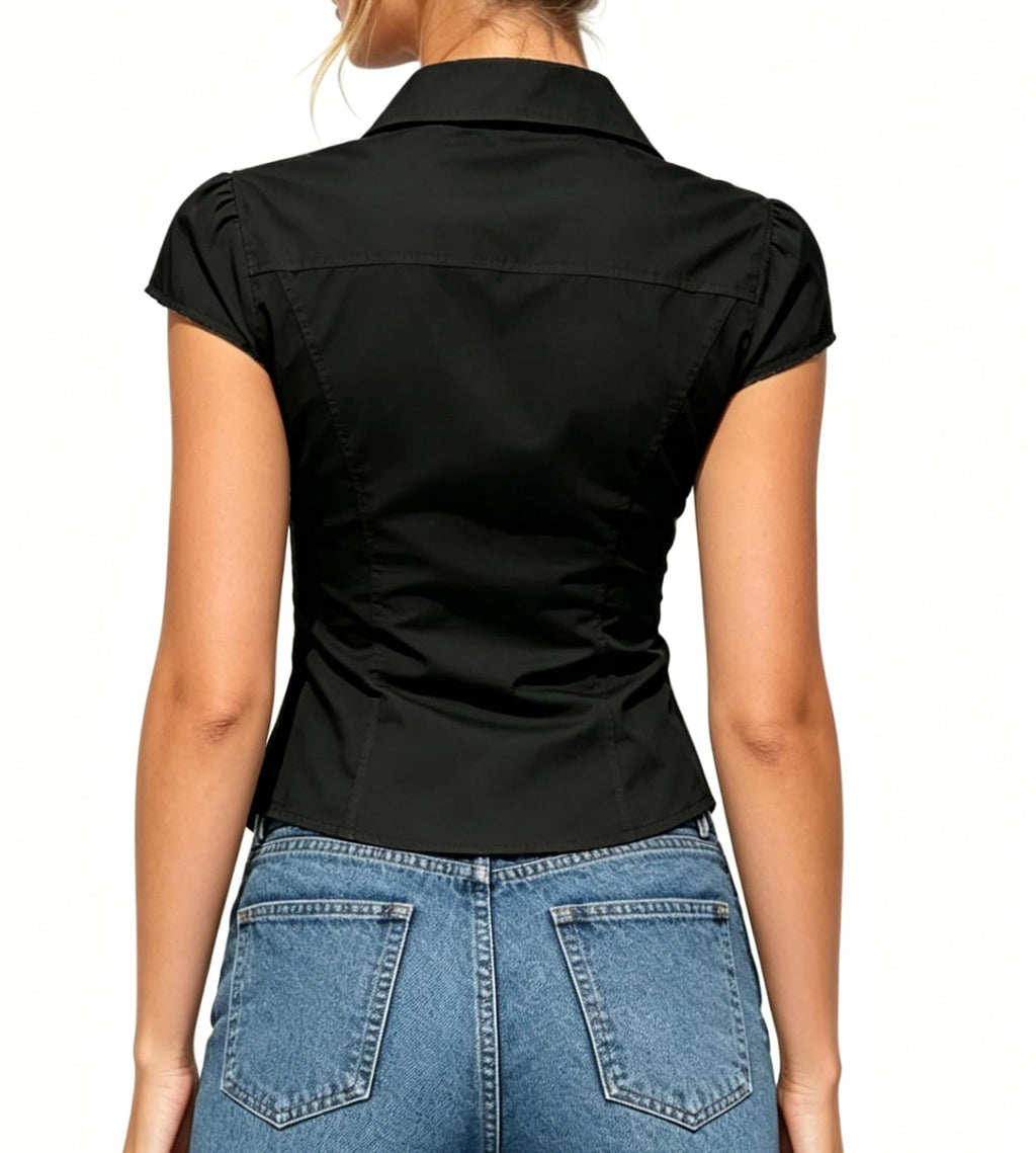 Damen Y2K Kurzarm-Bluse mit Knopfleiste, körperbetont und mit Kragen