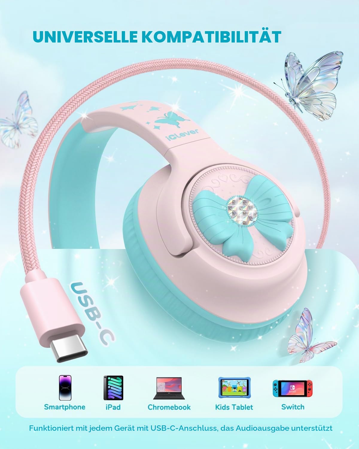 iClever HS26 Kopfhörer Kinder mit 3,5 mm Kabel für Schule/Tablet/Reisen