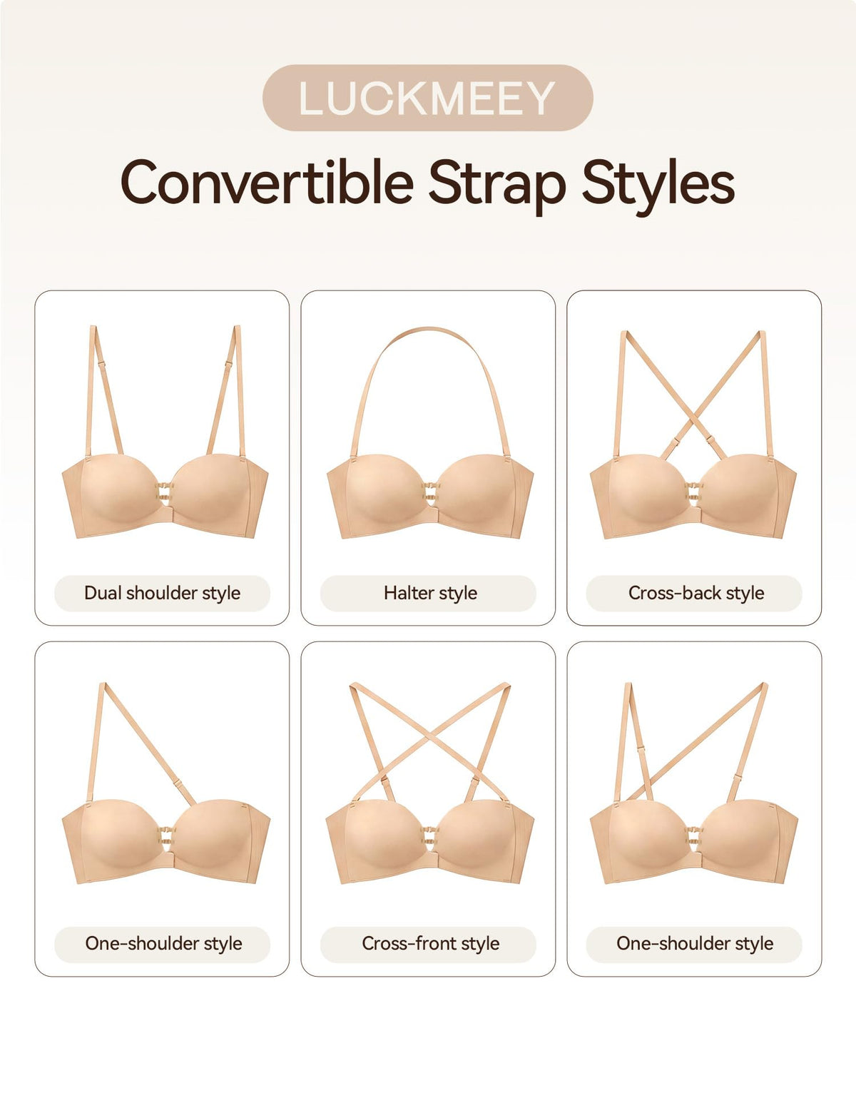LUCKMEEY Women's Strapless Front Closure Push Up Bra, Non-Slip Removable Straps, Wireless Seamless, A-C Cup
