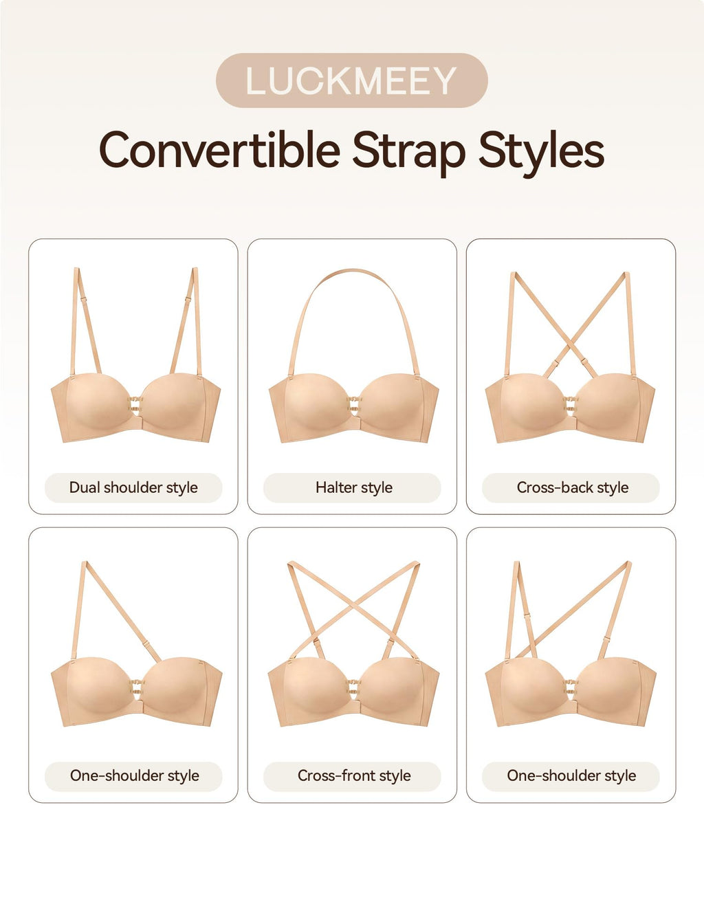 LUCKMEEY Women's Strapless Front Closure Push Up Bra, Non-Slip Removable Straps, Wireless Seamless, A-C Cup