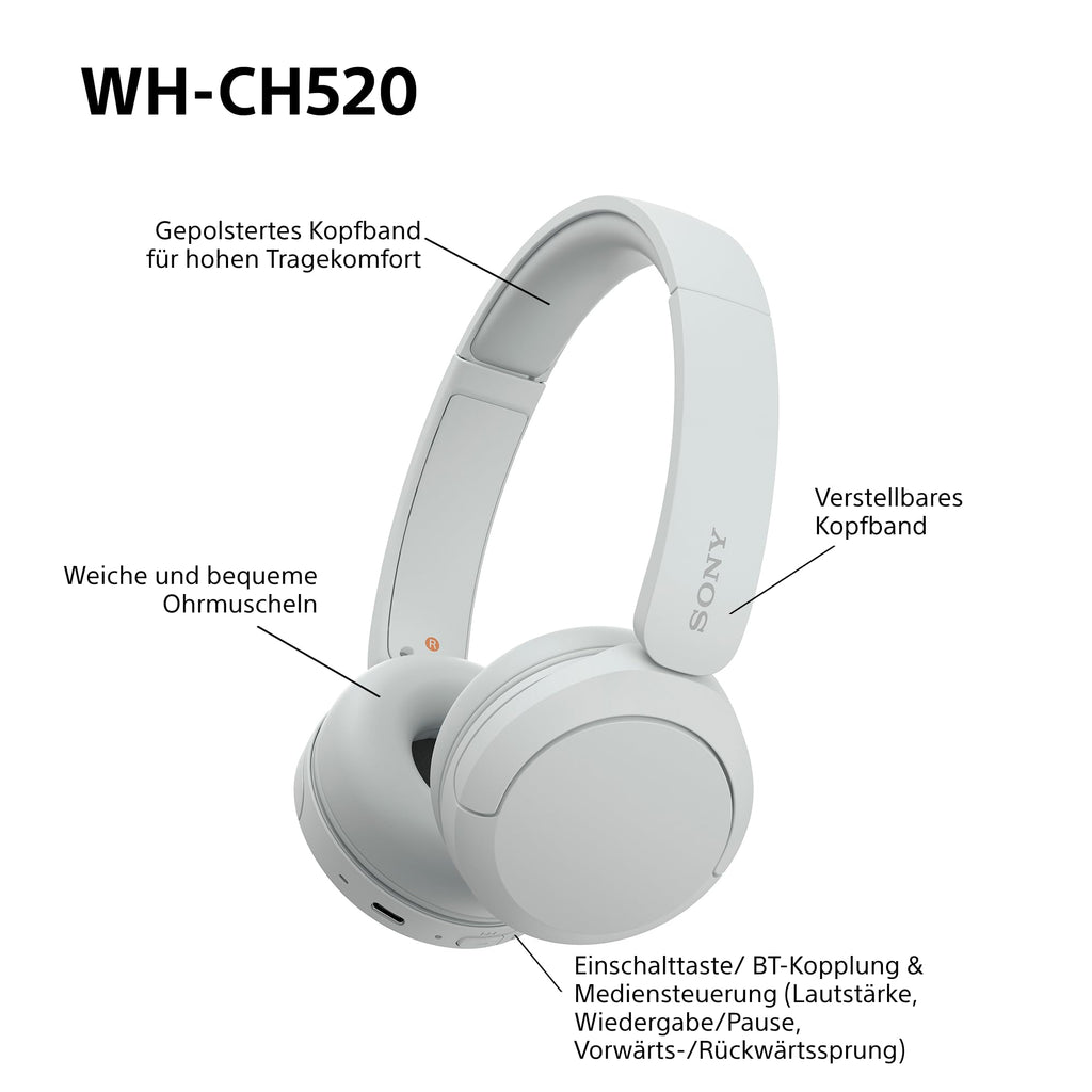 Sony WH-CH520 Kabellose Bluetooth-Kopfhörer - bis zu 50 Stunden Akkulaufzeit mit Schnellladefunktion, On-Ear-Modell - Schwarz