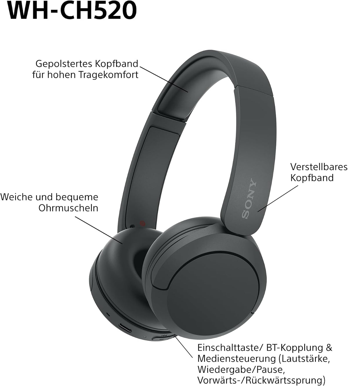 Sony WH-CH520 Kabellose Bluetooth-Kopfhörer - bis zu 50 Stunden Akkulaufzeit mit Schnellladefunktion, On-Ear-Modell - Schwarz