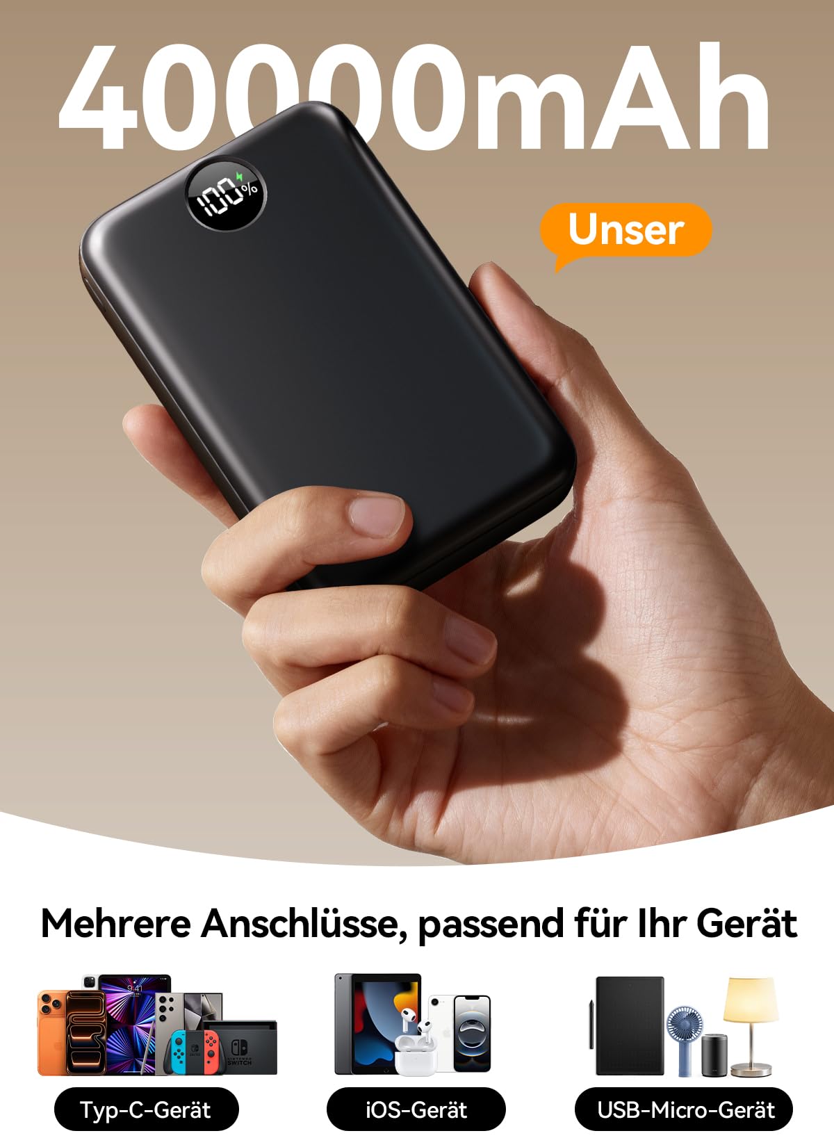 Power Bank 27000mAh, Ultra Kompakte Powerbank Schnellladen mit 3-in-1 Kabel