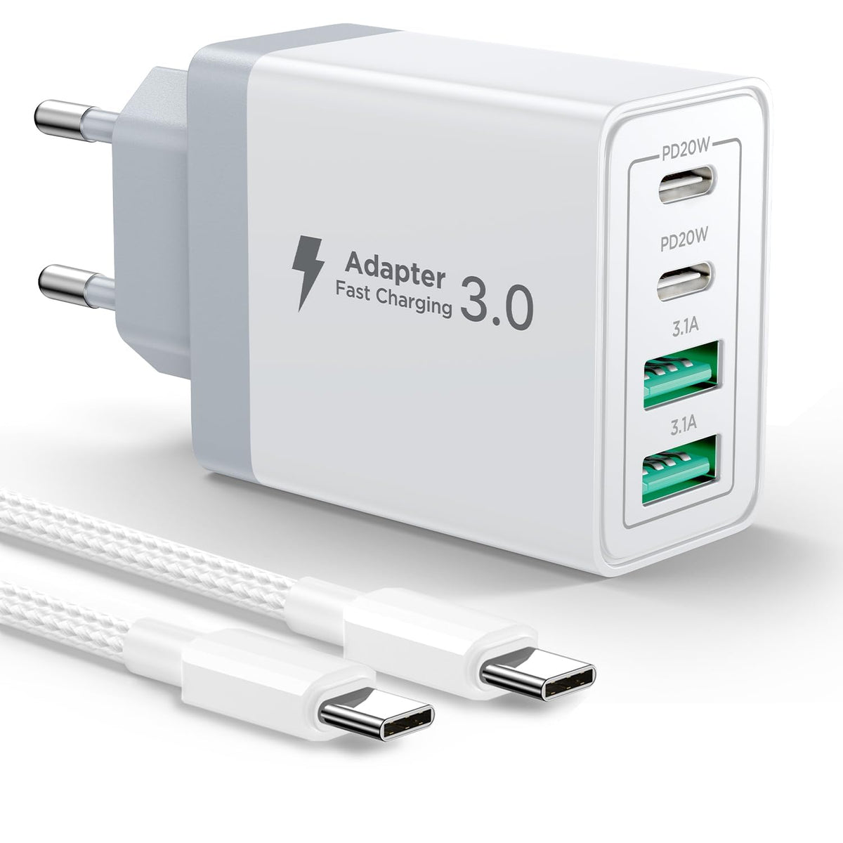 USB C Ladegerät, 40W 4-Port USB ladegerät Mehrfach Schnellladegerät PD 3.0